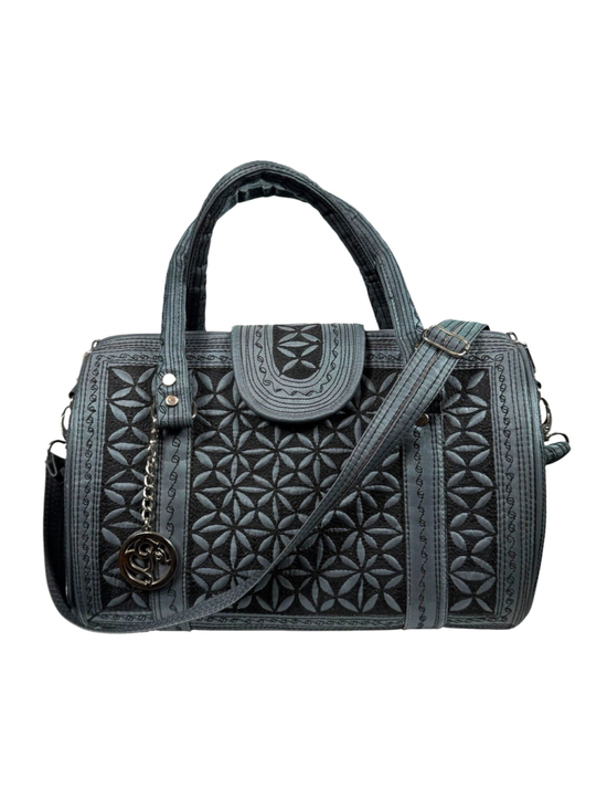 Banda Bags Handbags - Banda Bags Hitam Large Barrel Purse Gray Blue Floral Shoulder Adjustable Strap